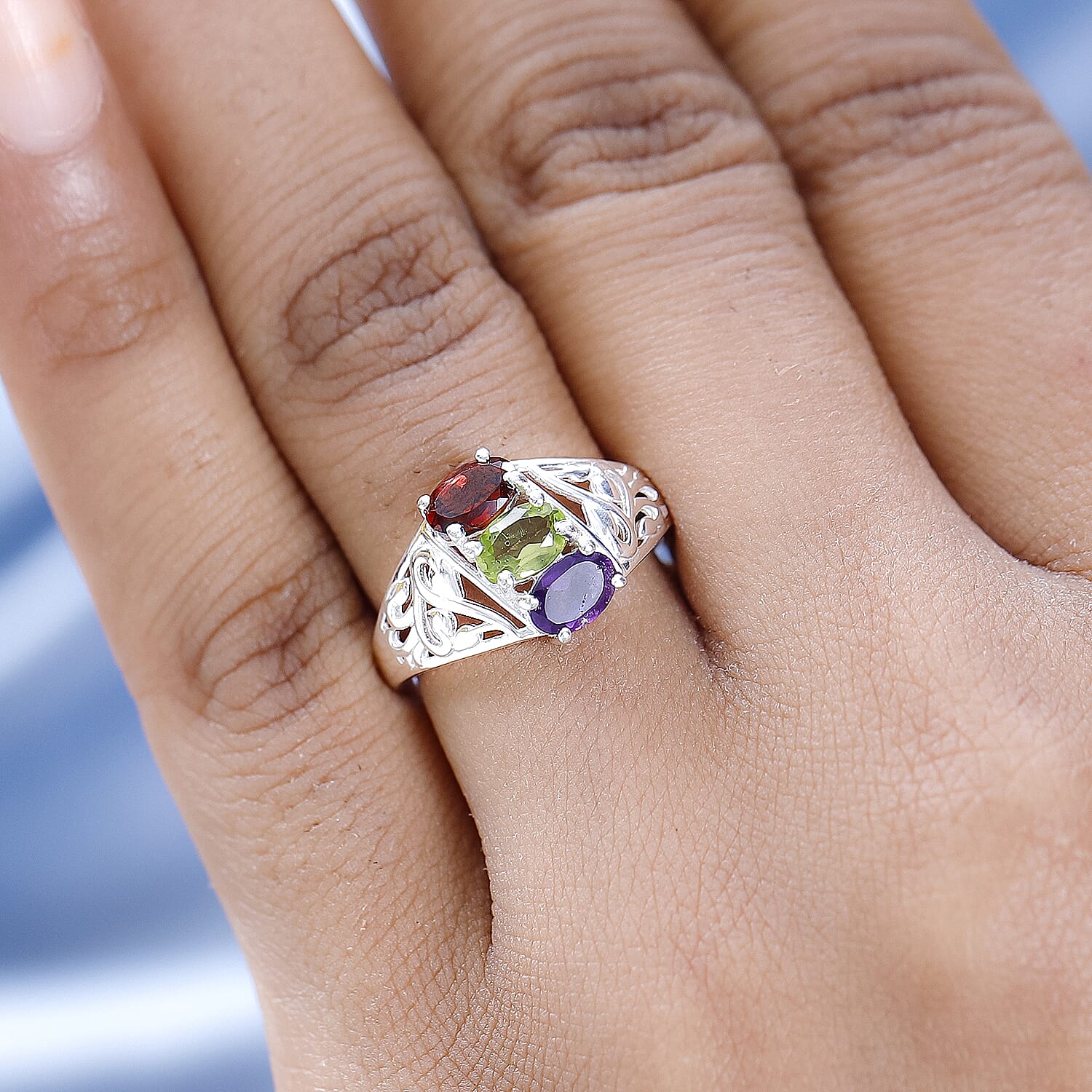 Amethyst, Hebei Peridot & Red Garnet Ring in Sterling Silver 1.52 Ct.