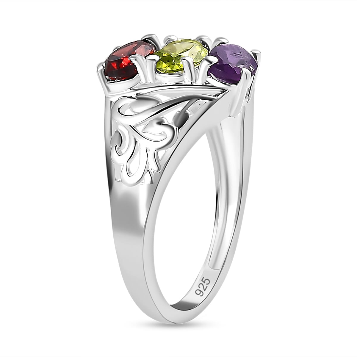 Amethyst, Hebei Peridot & Red Garnet Ring in Sterling Silver 1.52 Ct.