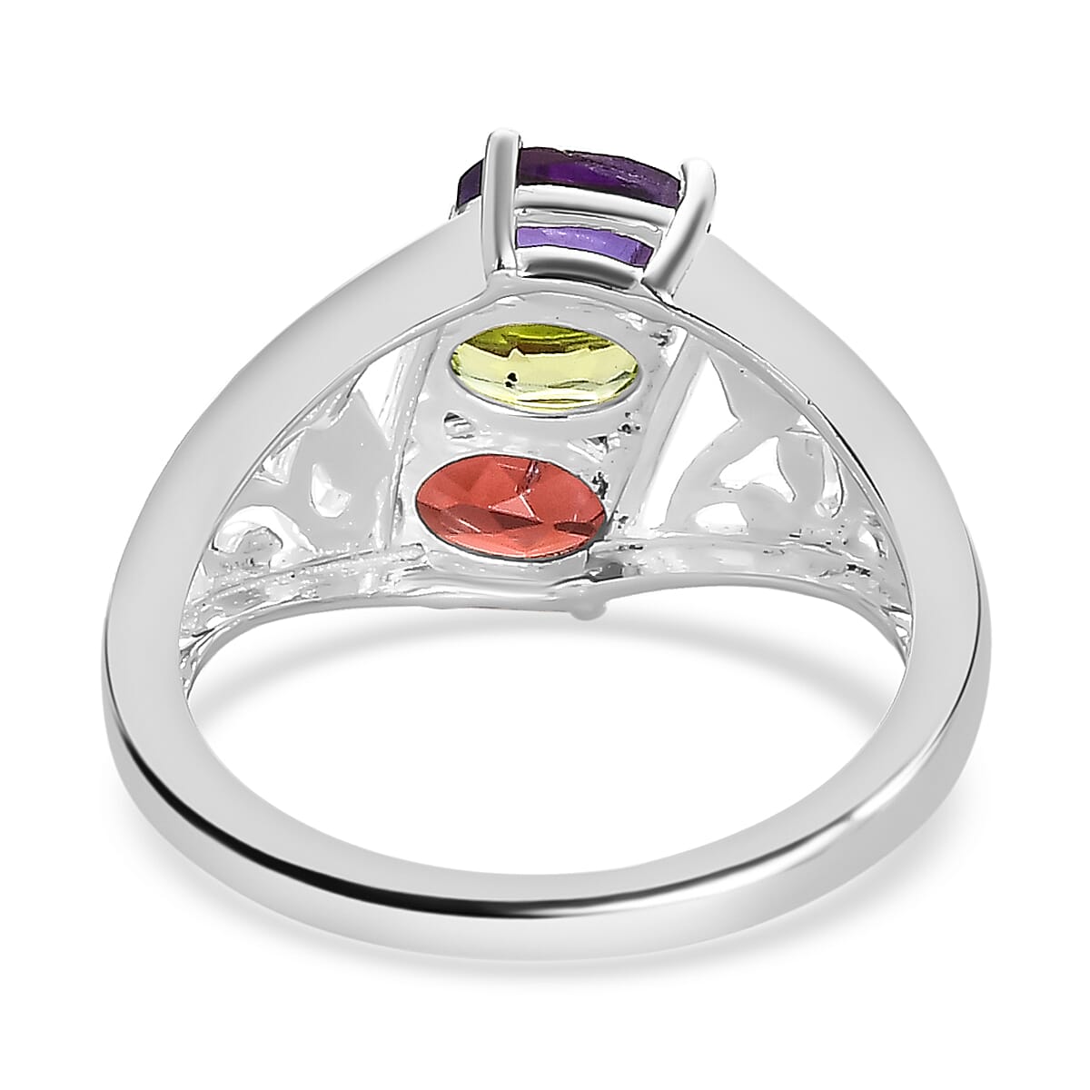 Amethyst, Hebei Peridot & Red Garnet Ring in Sterling Silver 1.52 Ct.