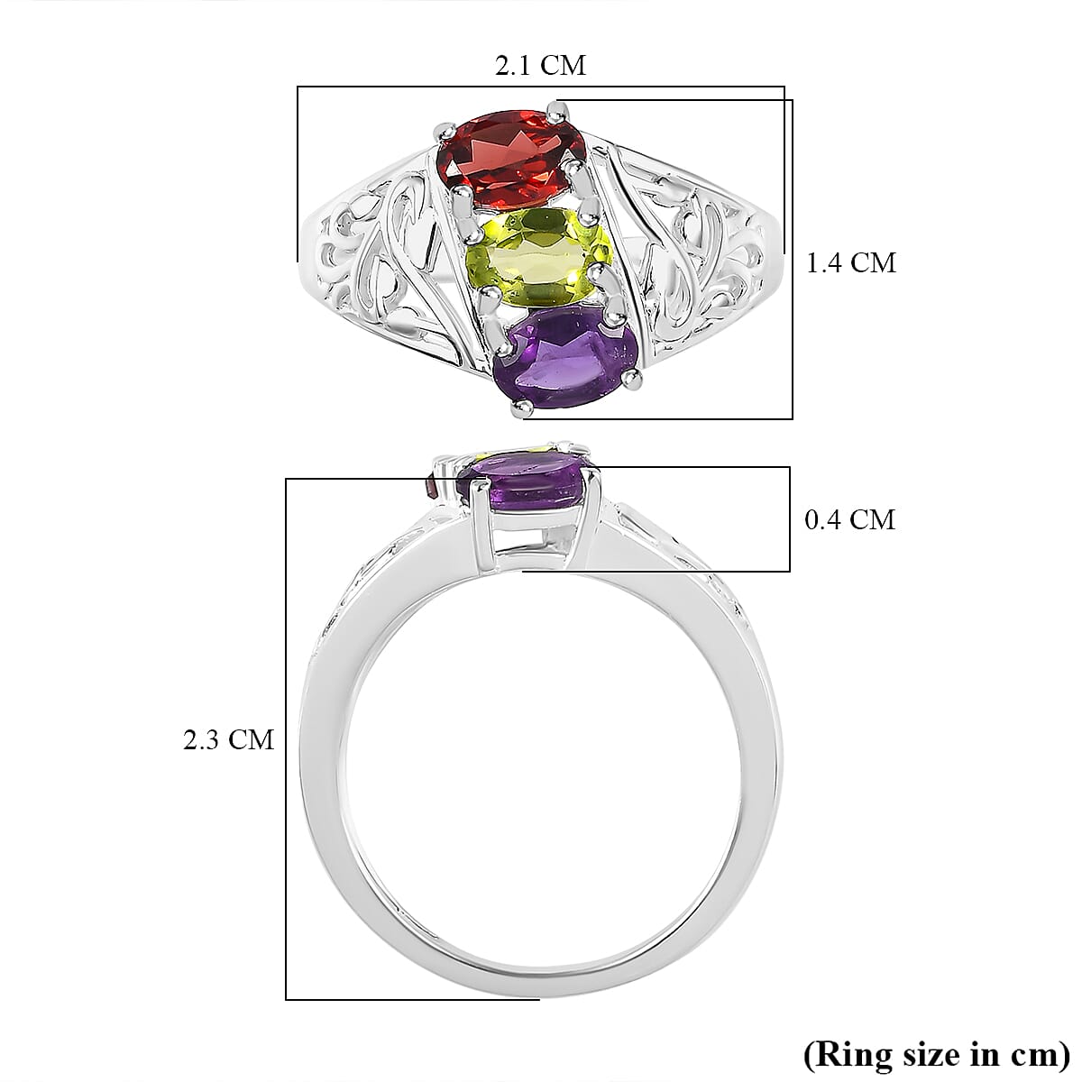 Amethyst, Hebei Peridot & Red Garnet Ring in Sterling Silver 1.52 Ct.