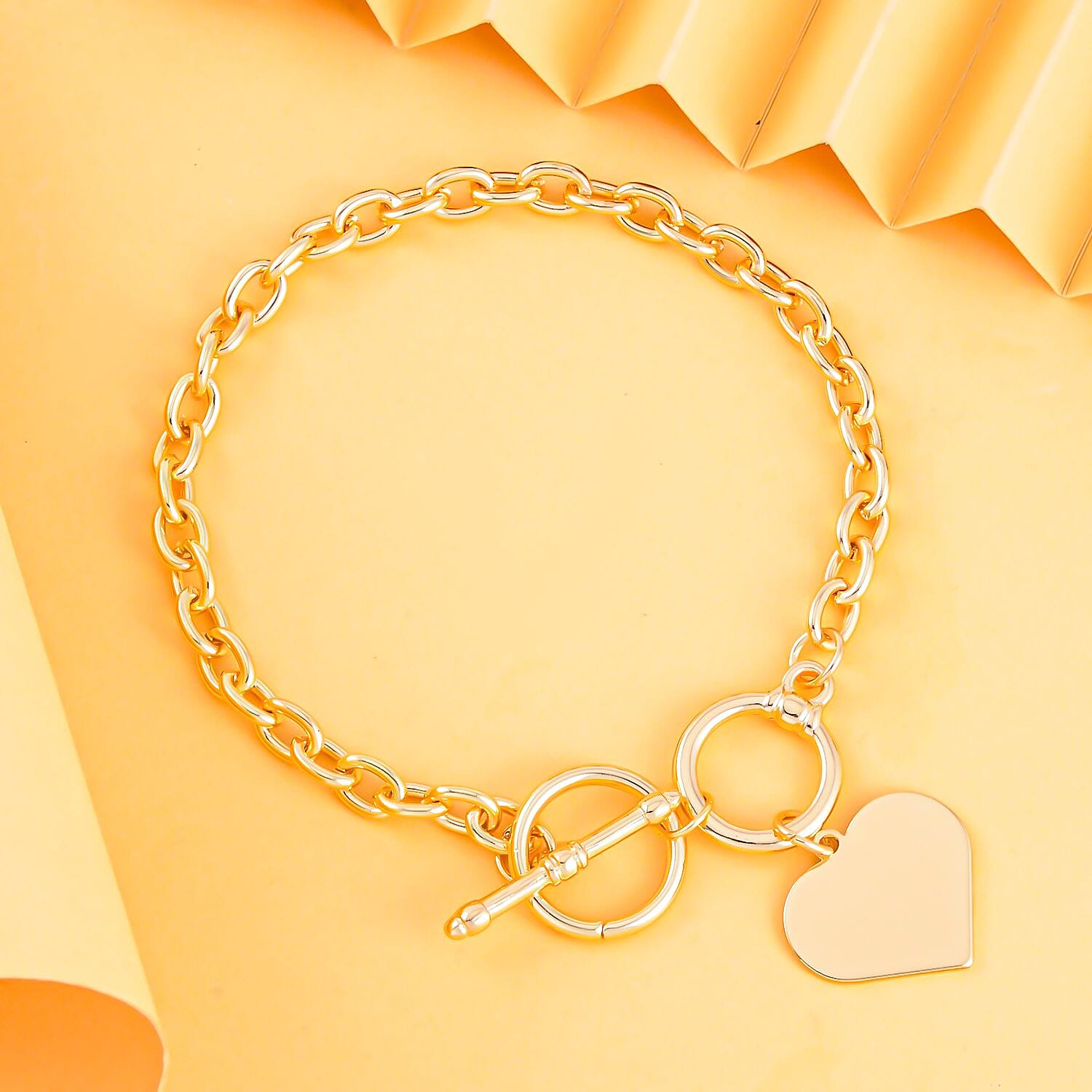 Designer Closeout Deal - Gold Plated Heart Charm Bracelet (Size - 7.5 with Ext) With T - Bar Clasp