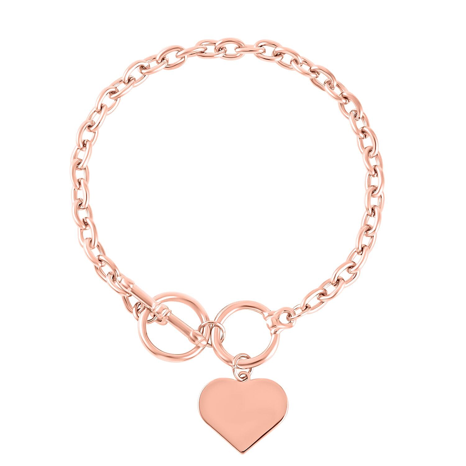 Designer Closeout Deal- Rose Gold Plated Heart Charm Bracelet (Size - 7.5-8.5) with T-Bar Clasp