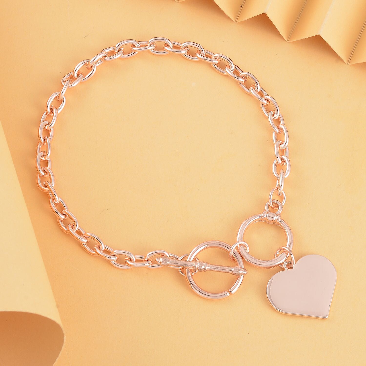 Designer Closeout Deal- Rose Gold Plated Heart Charm Bracelet (Size - 7.5-8.5) with T-Bar Clasp