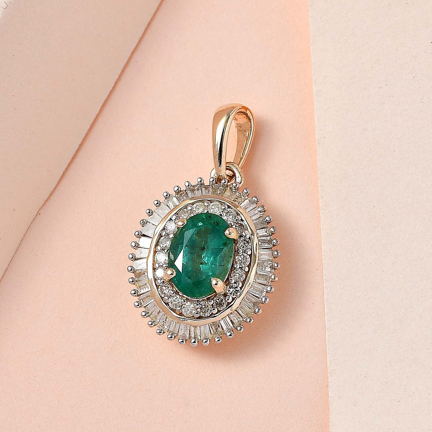 9K Yellow Gold AAA Gemfields Emerald and Diamond Pendant 1.14 Ct