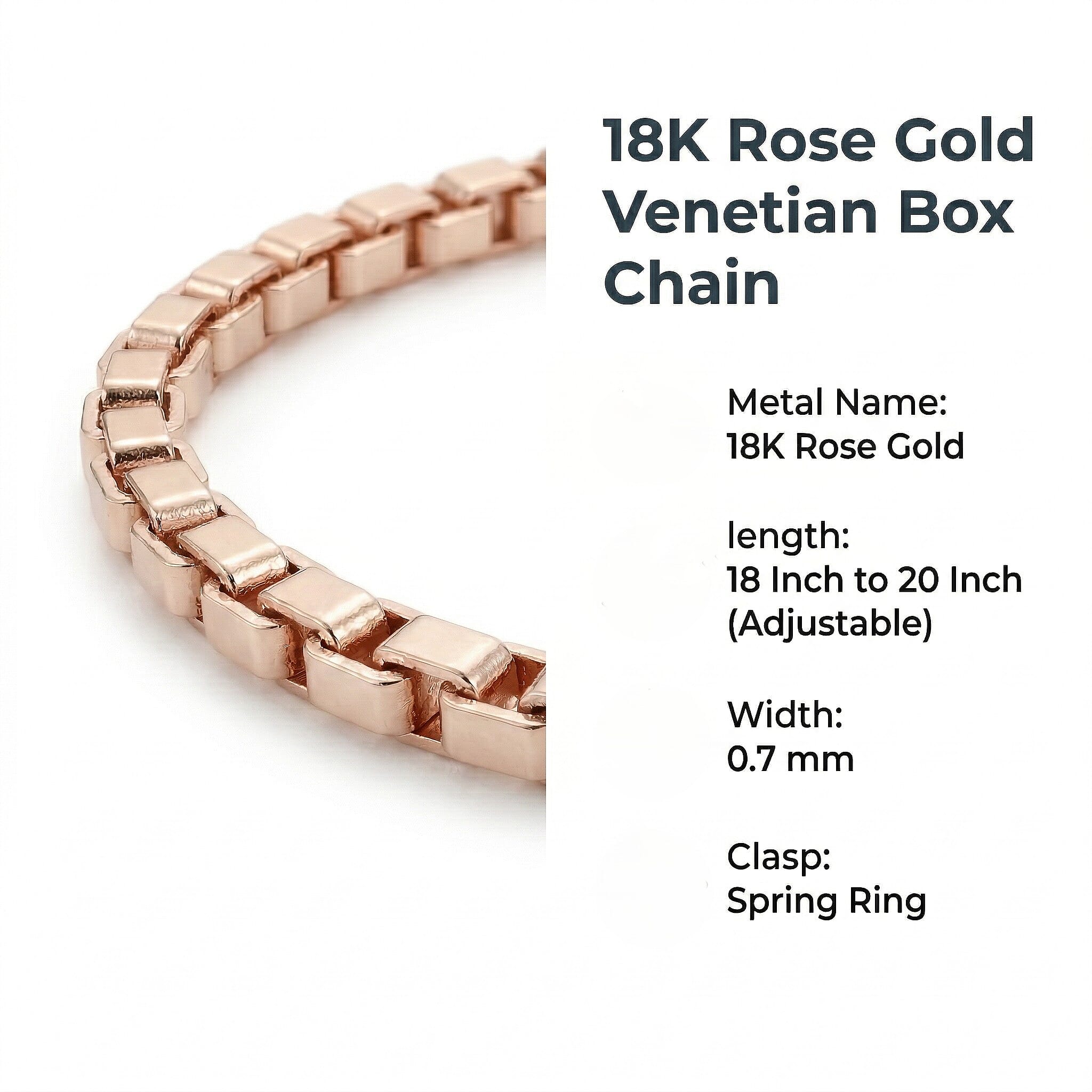 18K Rose Gold Venetian Box Chain With Spring Ring Clasp (Size - 18-20)