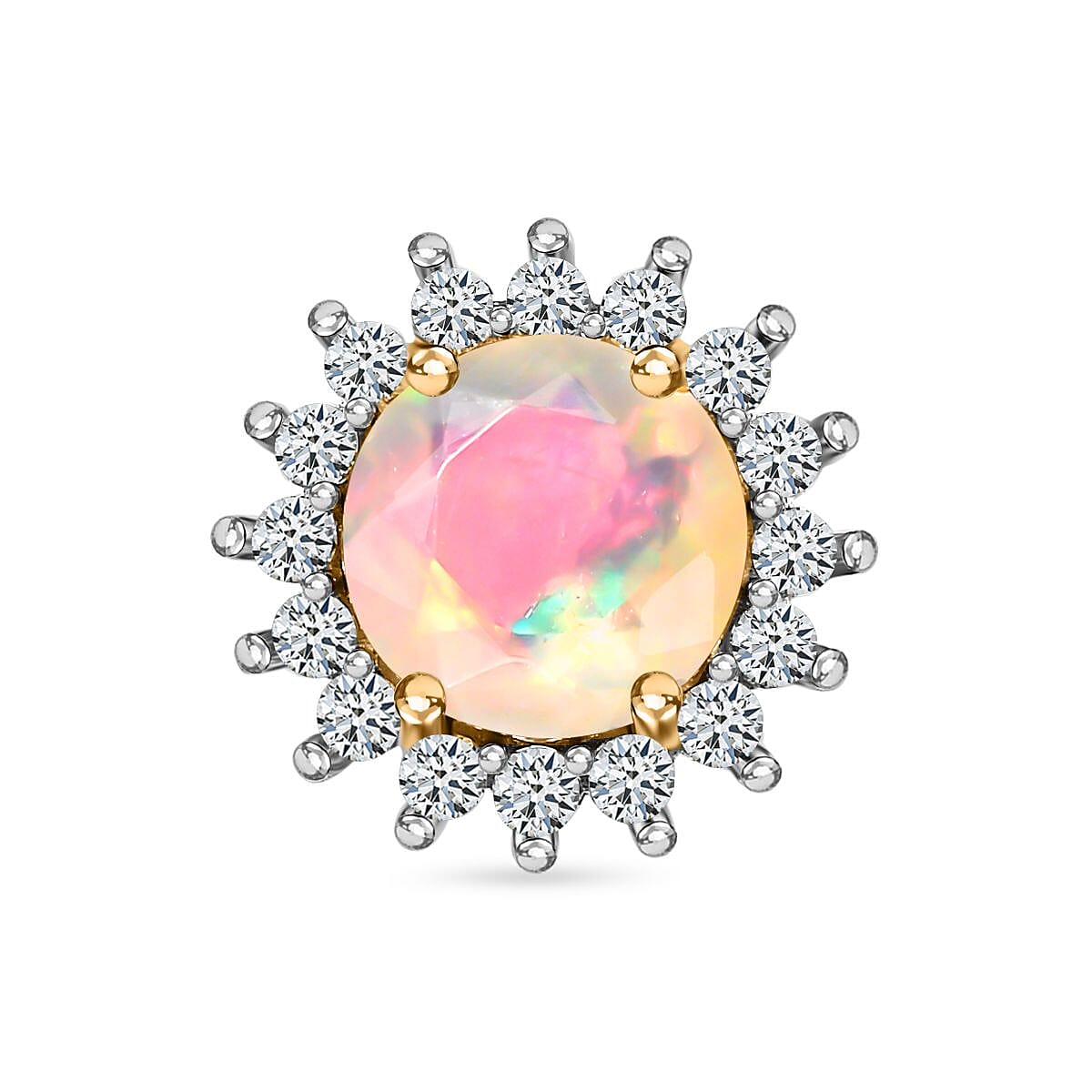 9K Yellow Gold AA Ethiopian Opal , White Zircon Circle Pendant 0.69 ct, Gold Wt. 0.57 Gms 0.694 Ct.
