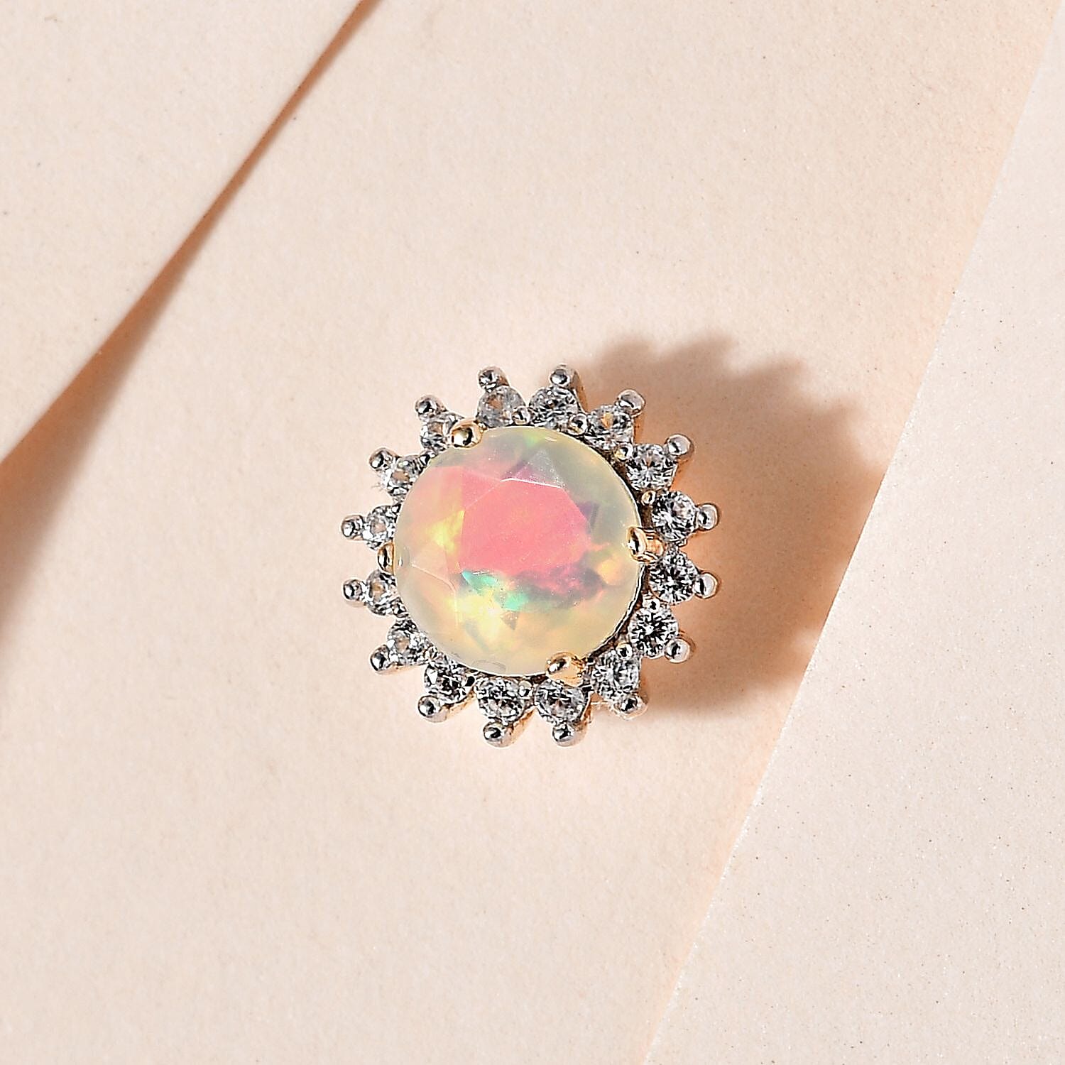 9K Yellow Gold AA Ethiopian Opal , White Zircon Circle Pendant 0.69 ct, Gold Wt. 0.57 Gms 0.694 Ct.