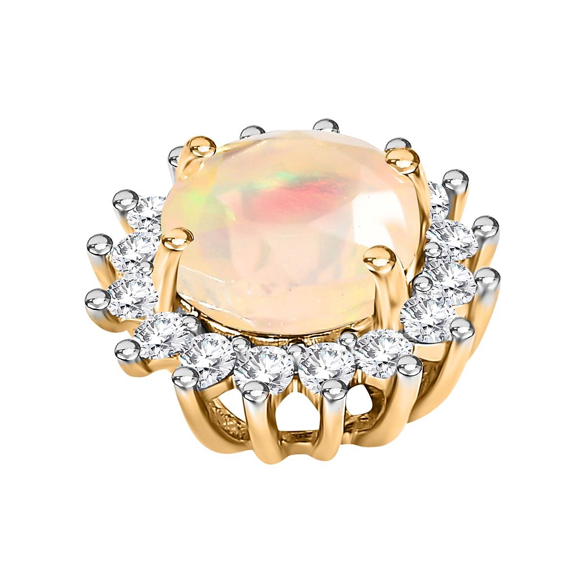 9K Yellow Gold AA Ethiopian Opal , White Zircon Circle Pendant 0.69 ct, Gold Wt. 0.57 Gms 0.694 Ct.