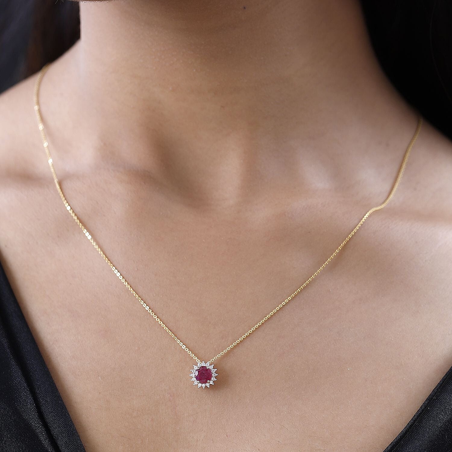 9K Yellow Gold African Ruby and Natural Zircon Circle Halo Pendant 1.46 Ct.