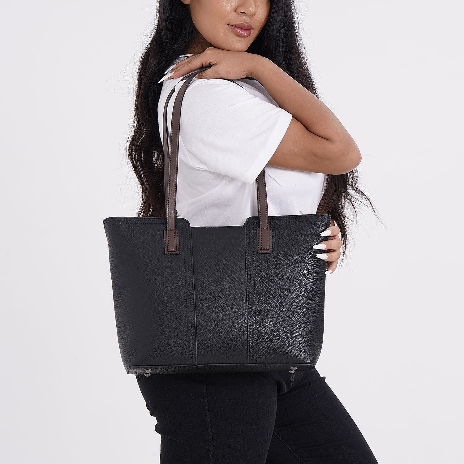 Hong Kong Closeout - 100% Genuine Leather Solid Tote Bag - Black