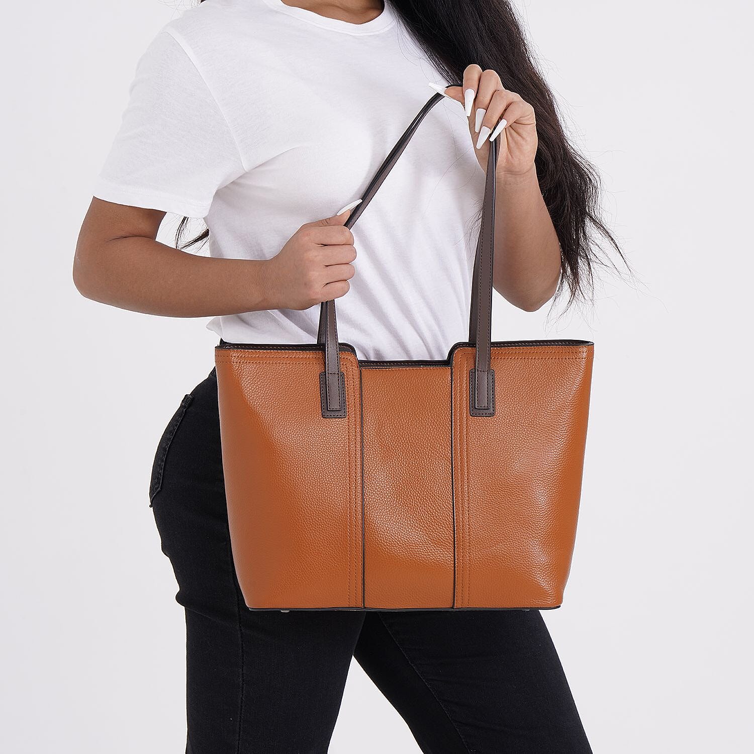 Hong Kong Closeout - 100% Genuine Leather Solid Tote Bag - Tan