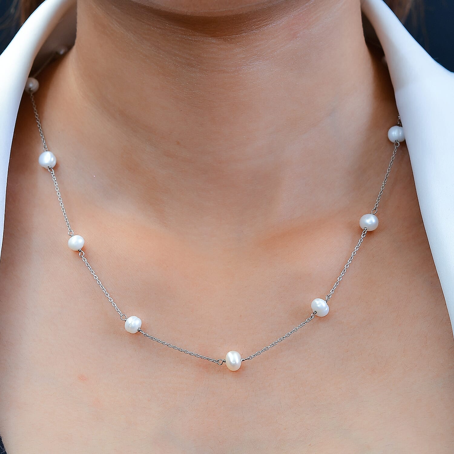 White Pearl Necklace (Size - 20) in Platinum Overlay Sterling Silver 2.40 Ct