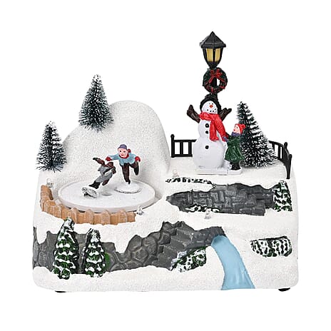 Musical Light up Christmas Village Scene with Rotating Skaters and Snowman
