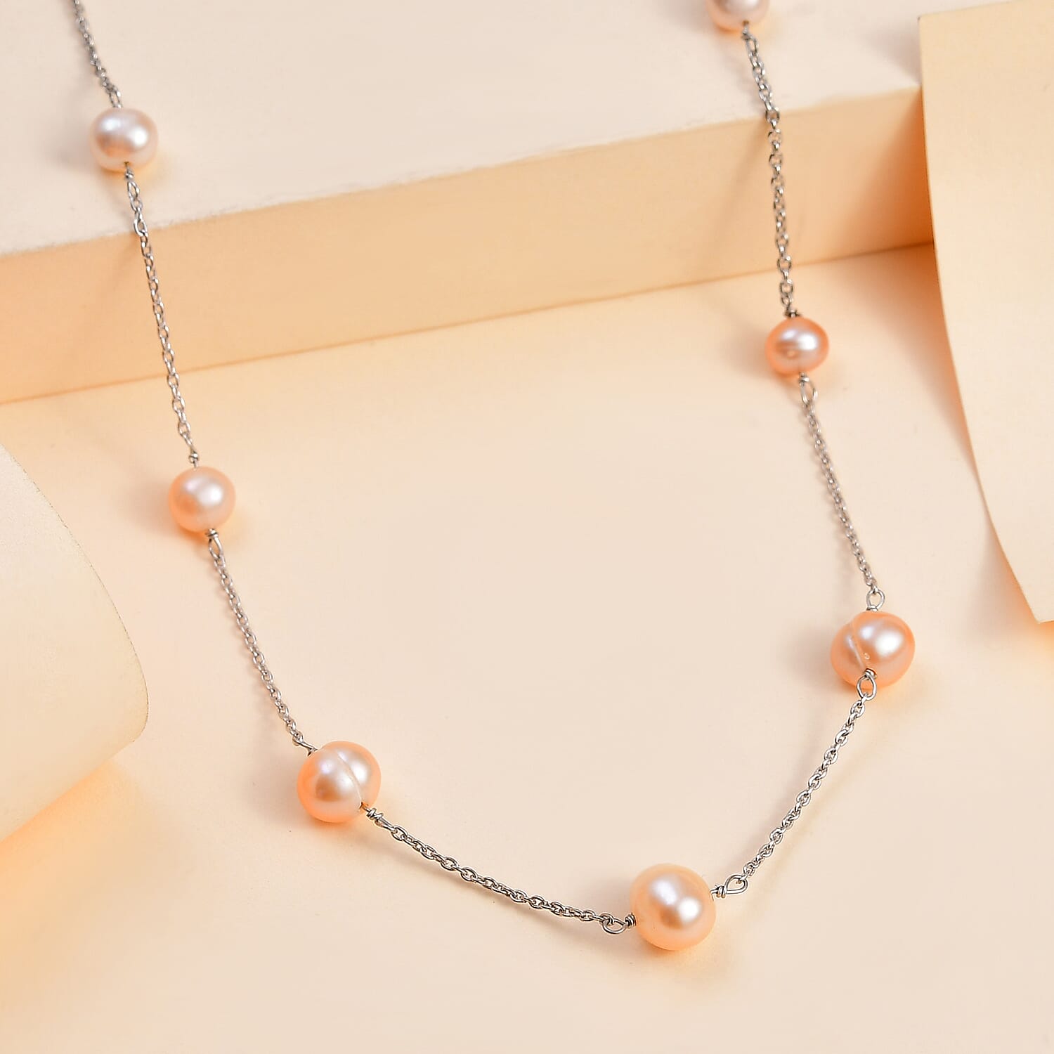 Pink Pearl Necklace (Size - 20) in Platinum Overlay Sterling Silver 2.40 Ct