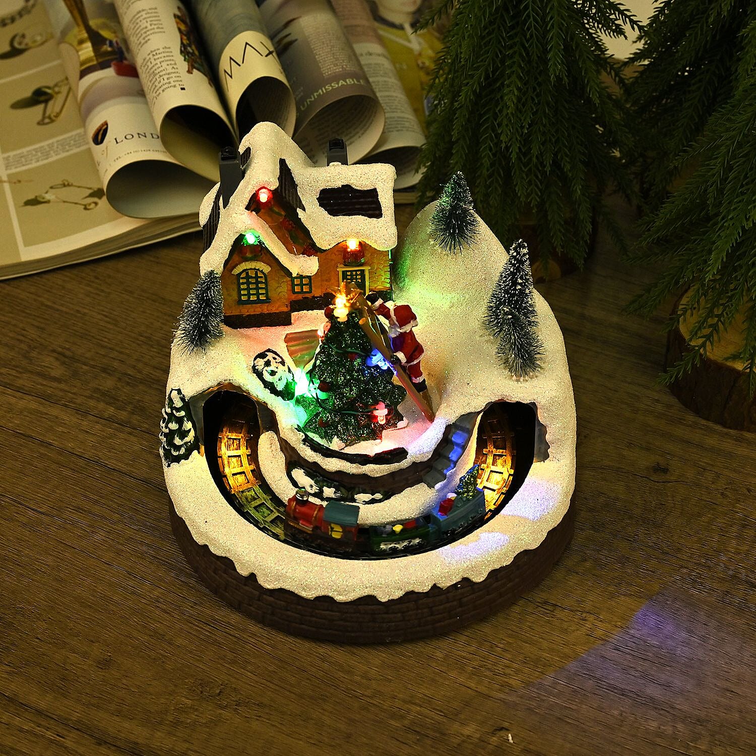 Christmas Village House & Moving Train Theme with LED Lighting & Music (3xAA Batteries,Not Included) - Size 20x20x16cm