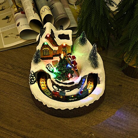 Christmas Village House & Moving Train Theme with LED Lighting & Music (3xAA Batteries,Not Included) - Size 20x20x16cm