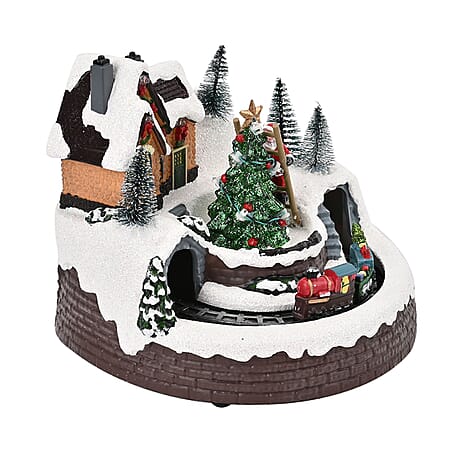 Christmas Village House & Moving Train Theme with LED Lighting & Music (3xAA Batteries,Not Included) - Size 20x20x16cm
