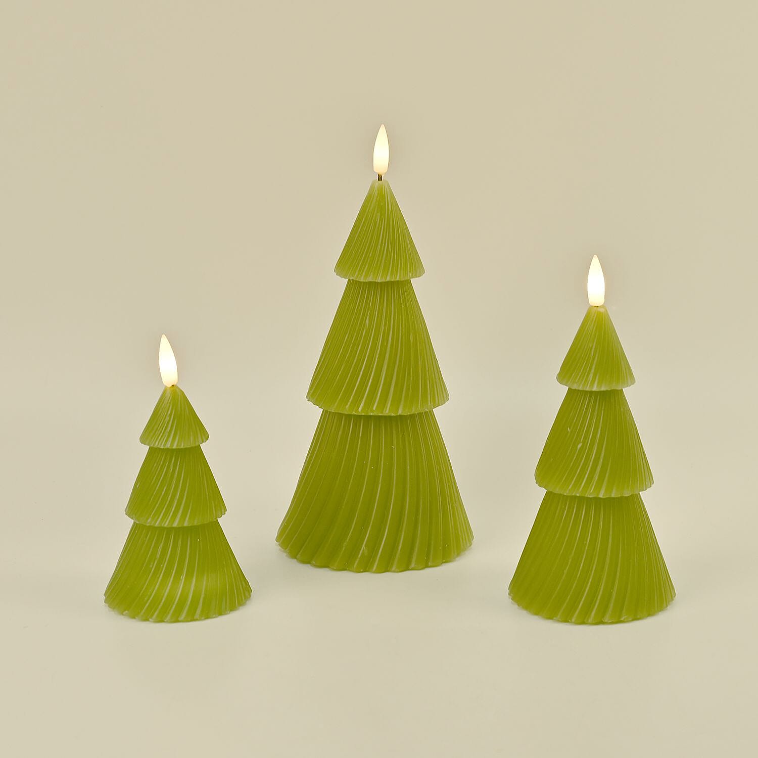 3 Flameless Candle Trees - Coloured LED - Green 13.5cm (2 AAA Batteries)