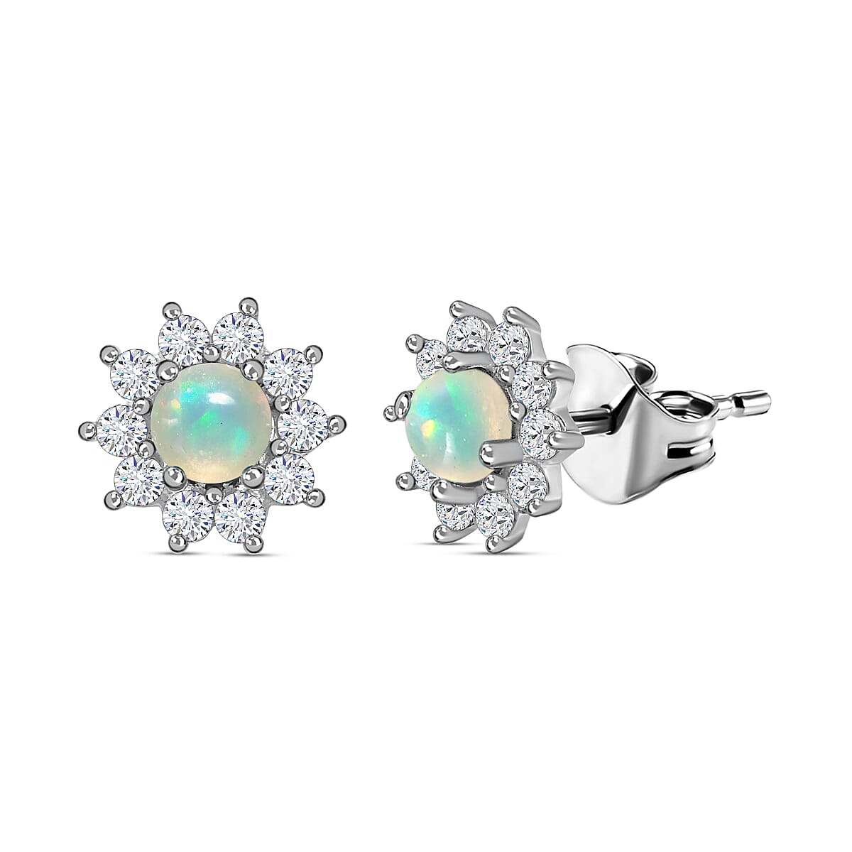 Ethiopian Welo Opal & Natural Zircon Stud Floral Earrings with Push Back in Platinum Overlay Sterling Silver 1.04 Ct.
