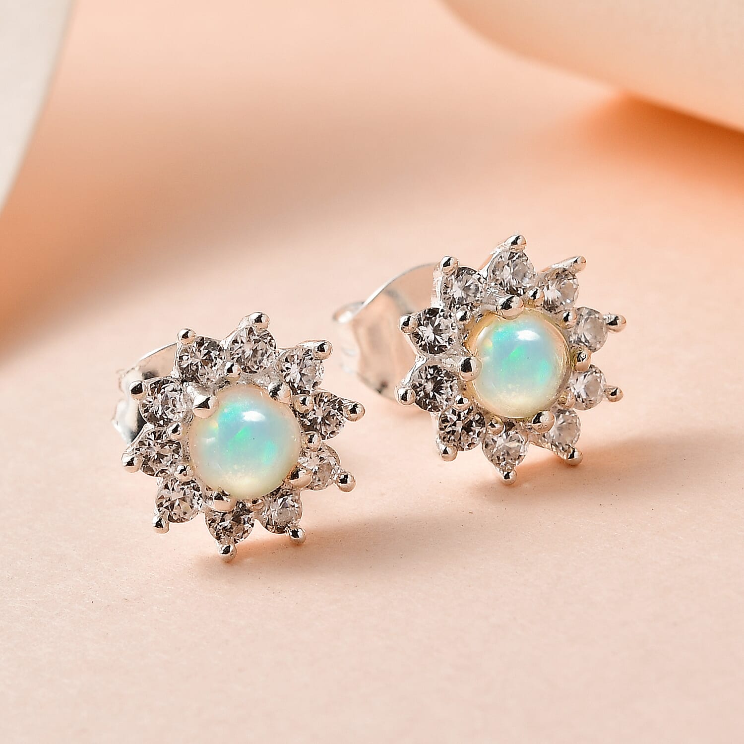 Ethiopian Welo Opal & Natural Zircon Stud Floral Earrings with Push Back in Platinum Overlay Sterling Silver 1.04 Ct.
