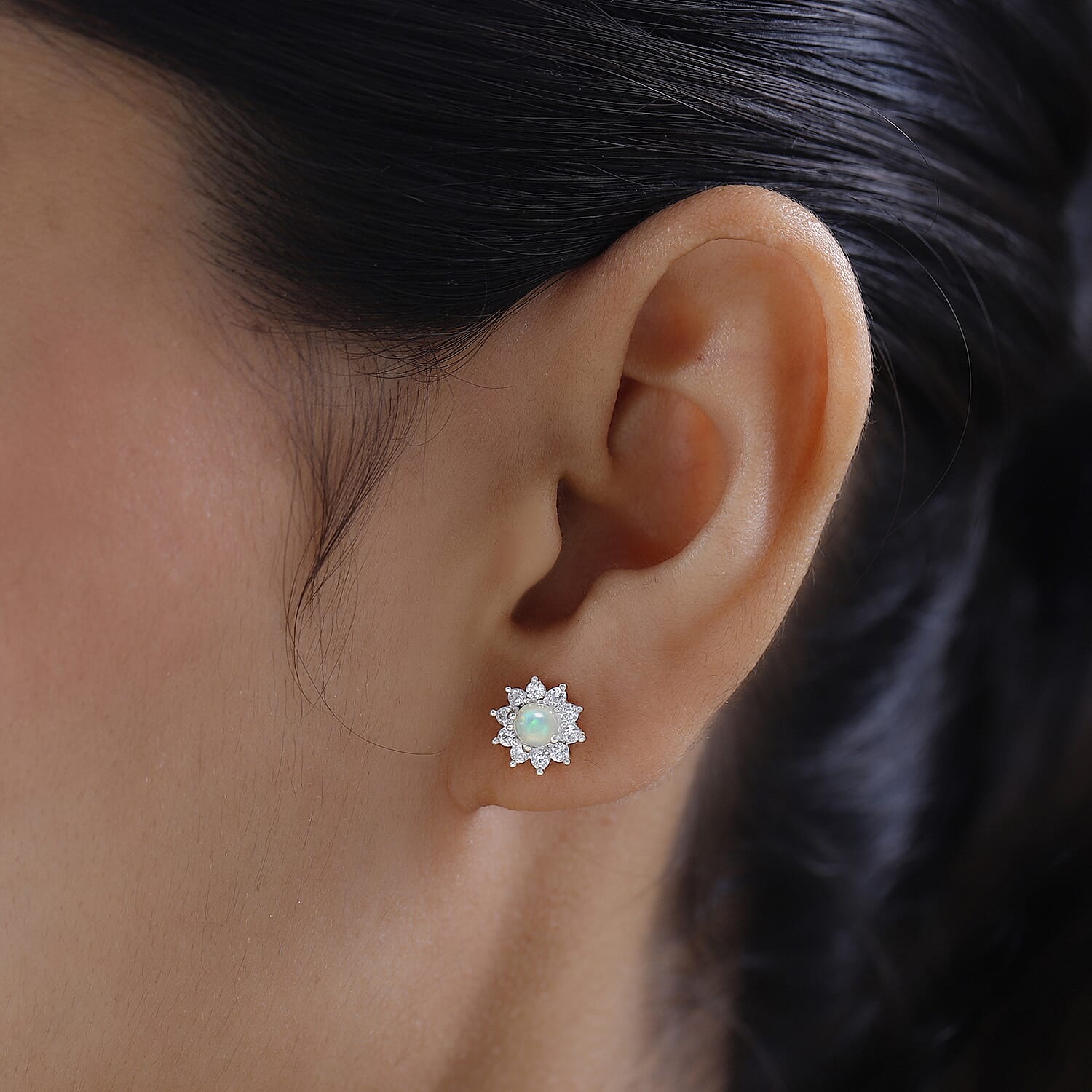 Ethiopian Welo Opal & Natural Zircon Stud Floral Earrings with Push Back in Platinum Overlay Sterling Silver 1.04 Ct.