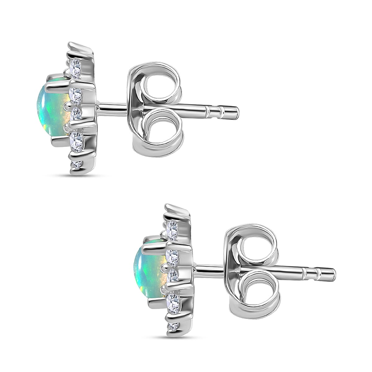 Ethiopian Welo Opal & Natural Zircon Stud Floral Earrings with Push Back in Platinum Overlay Sterling Silver 1.04 Ct.