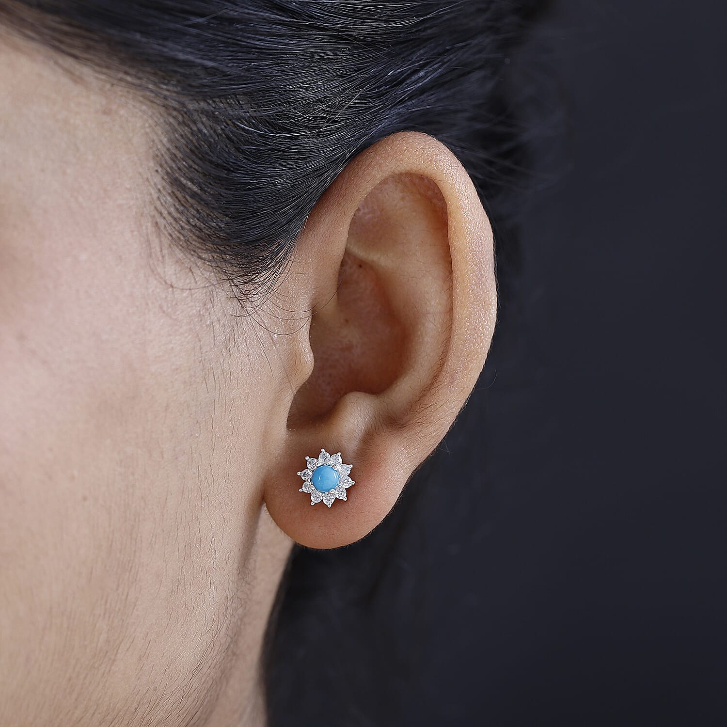 Arizona Sleeping Beauty Turquoise and Natural Zircon Stud Floral Earrings With Push Back in Sterling Silver 1.19 Ct.