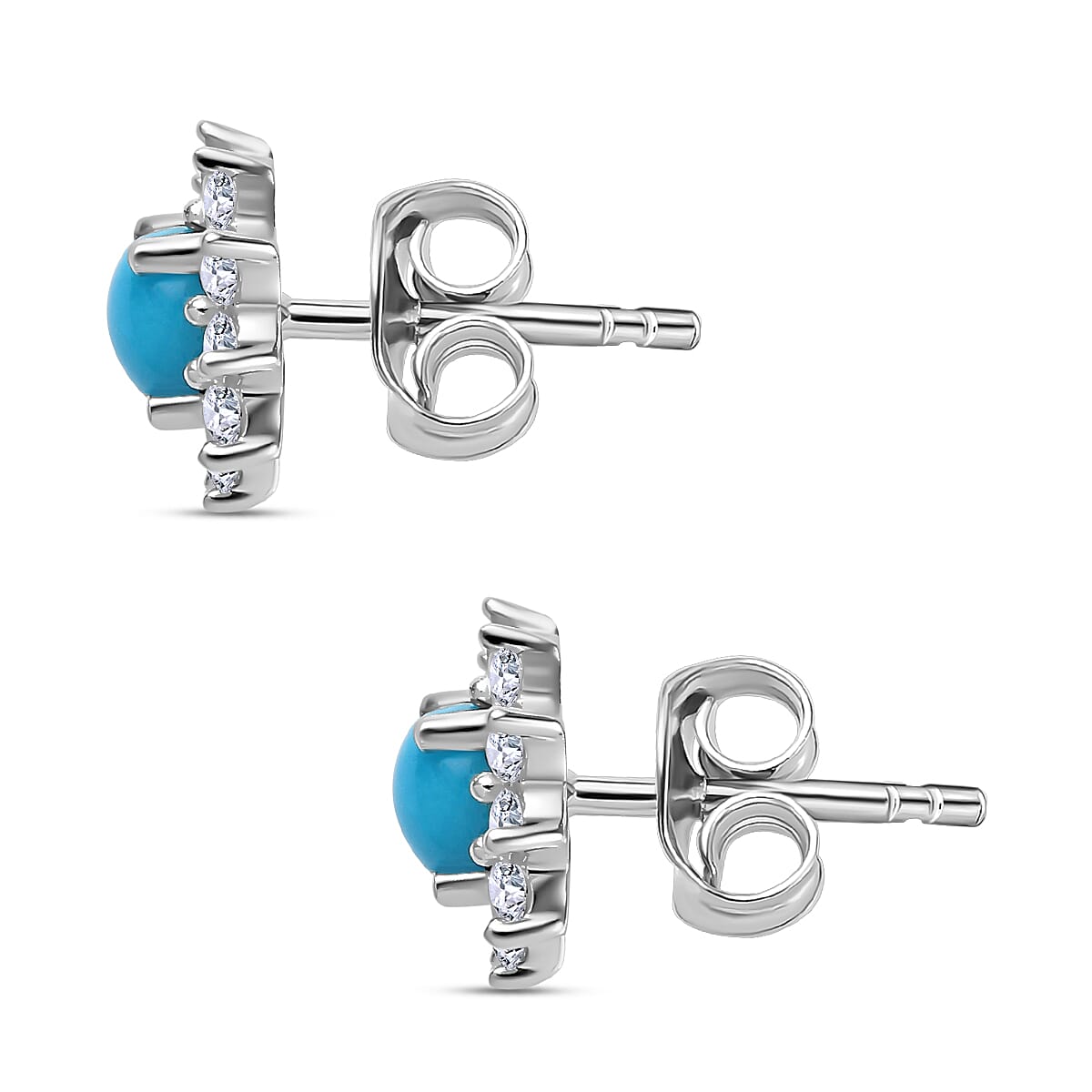 Arizona Sleeping Beauty Turquoise and Natural Zircon Stud Floral Earrings With Push Back in Sterling Silver 1.19 Ct.