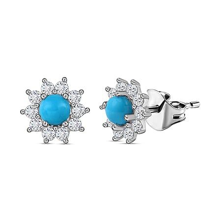 Arizona Sleeping Beauty Turquoise and Natural Zircon Stud Floral Earrings in Sterling Silver