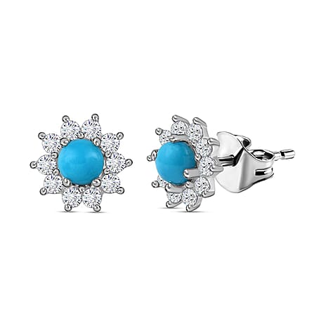 Arizona Sleeping Beauty Turquoise and Natural Zircon Stud Floral Earrings With Push Back in Sterling Silver 1.19 Ct.