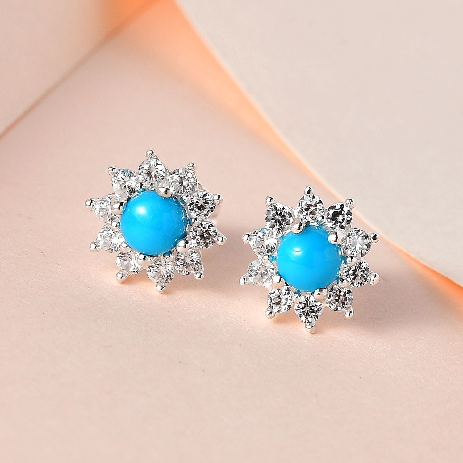 Arizona Sleeping Beauty Turquoise and Natural Zircon Stud Floral Earrings With Push Back in Sterling Silver 1.19 Ct.