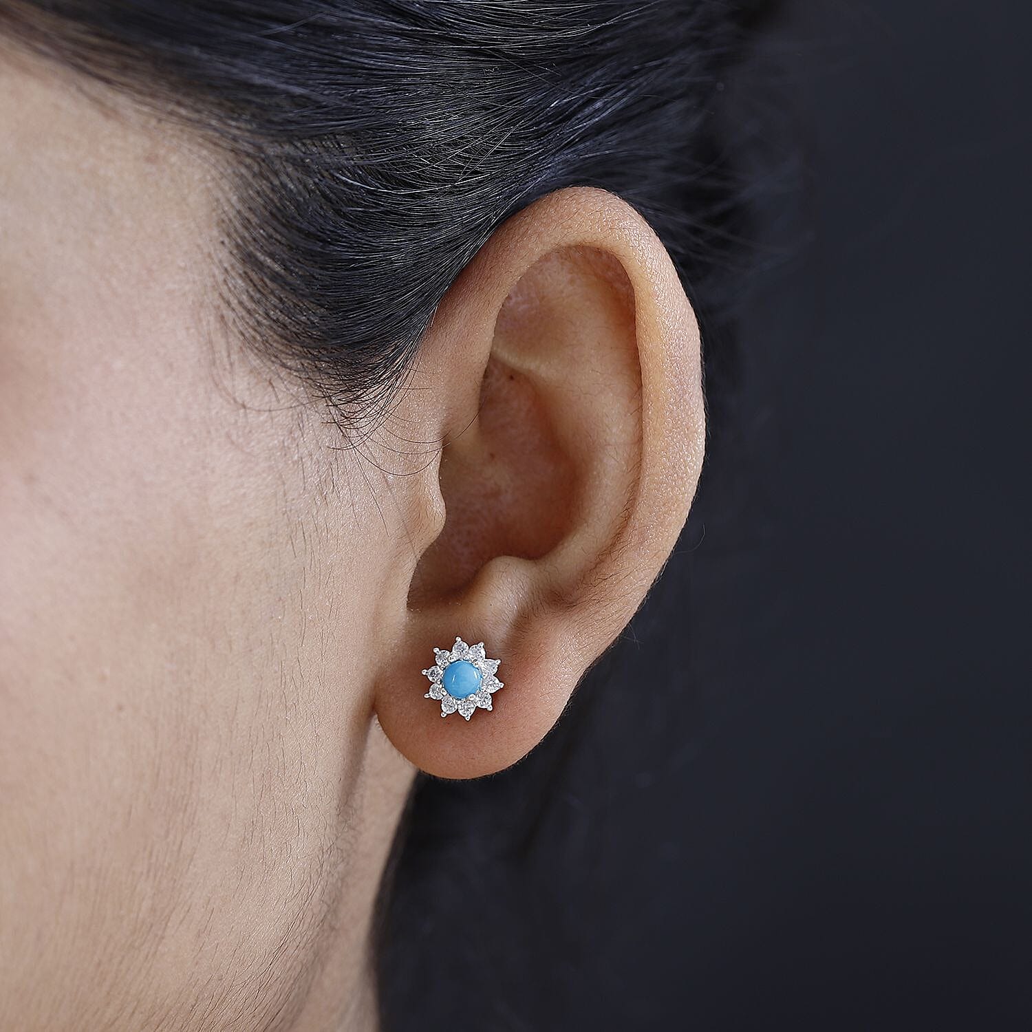 Arizona Sleeping Beauty Turquoise and Natural Zircon Stud Floral Earrings With Push Back in Sterling Silver 1.19 Ct.