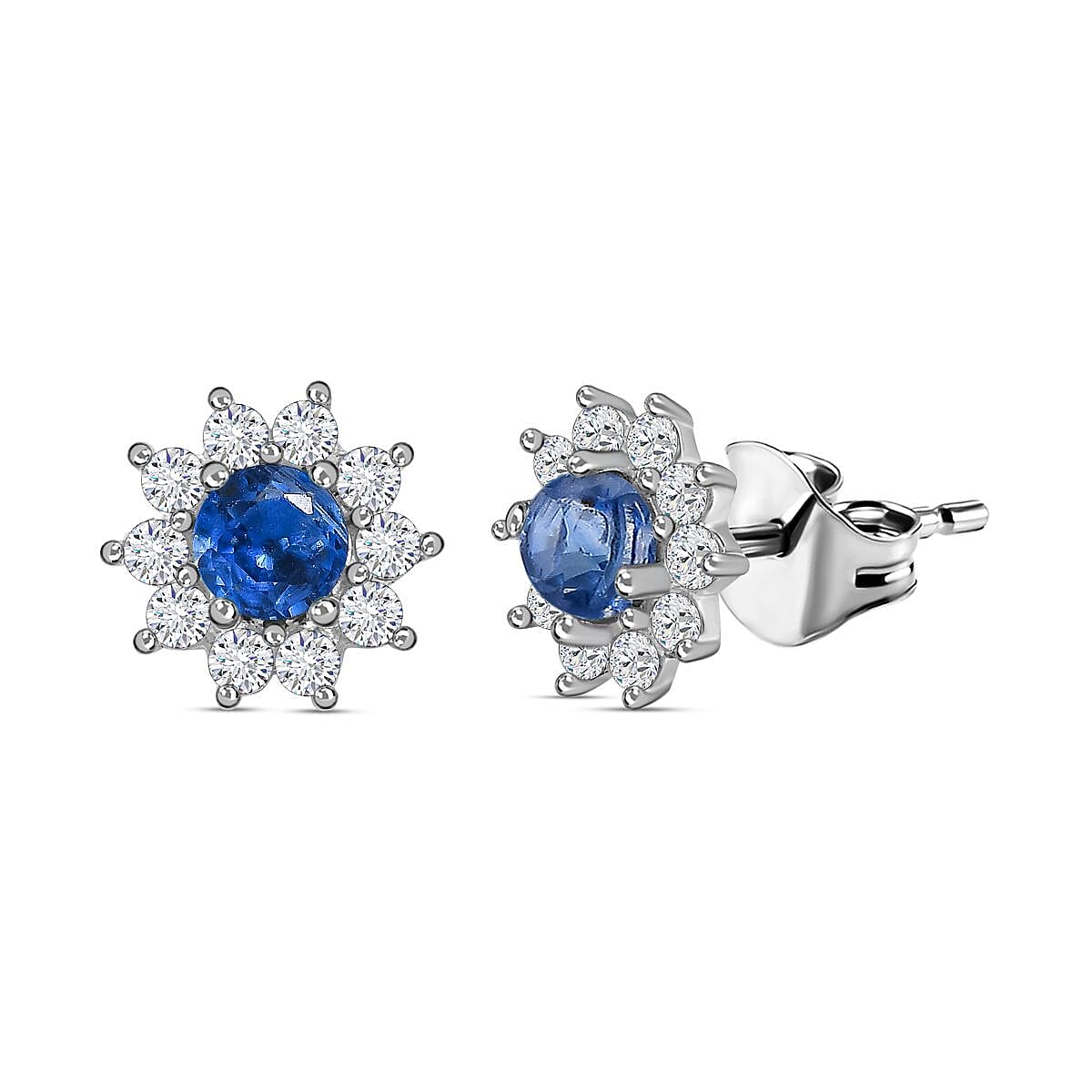 Kyanite and Natural Zircon Stud Floral Earrings in Sterling Silver 1.27 Ct.