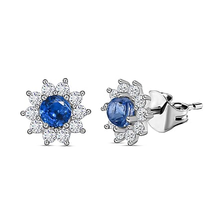 Kyanite and Natural Zircon Stud Floral Earrings in Sterling Silver