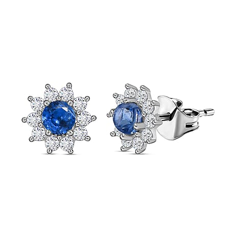 Kyanite and Natural Zircon Stud Floral Earrings in Sterling Silver 1.27 Ct.