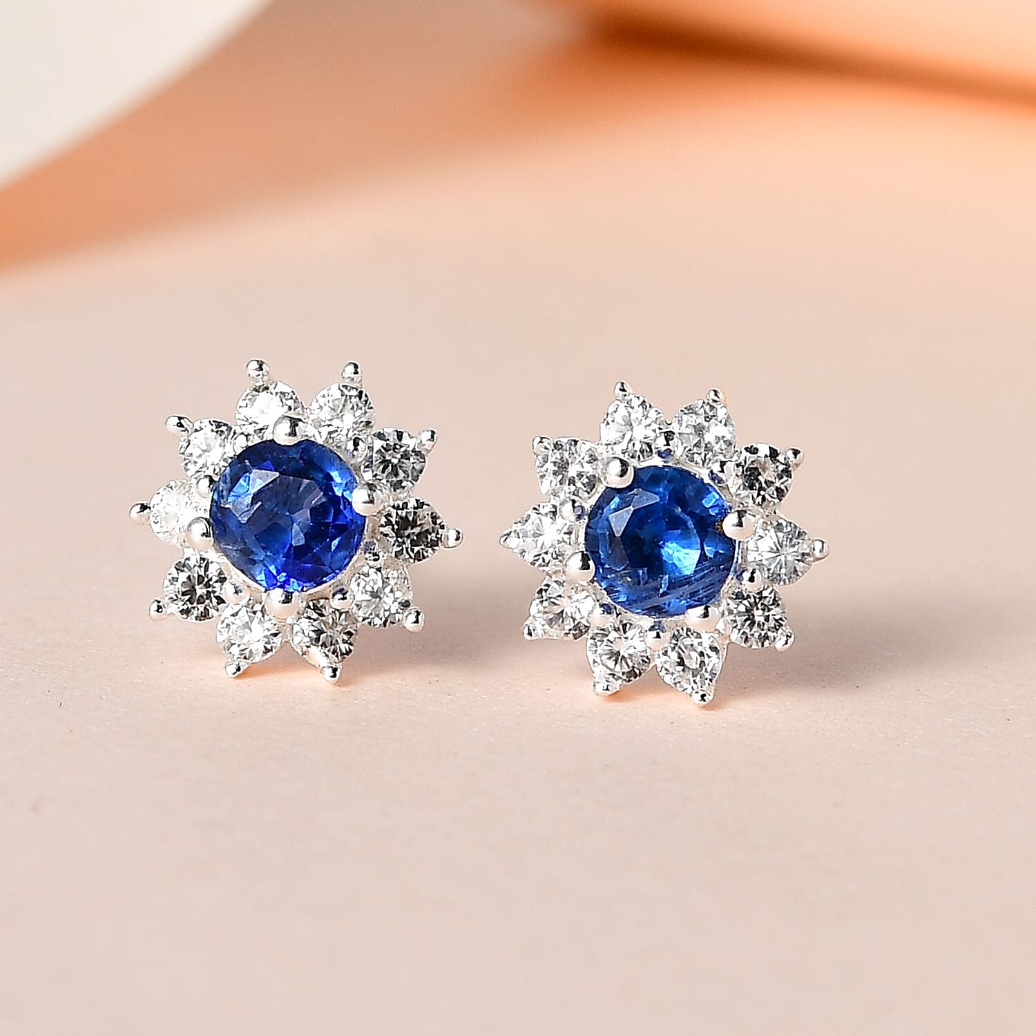 Kyanite and Natural Zircon Stud Floral Earrings in Sterling Silver 1.27 Ct.