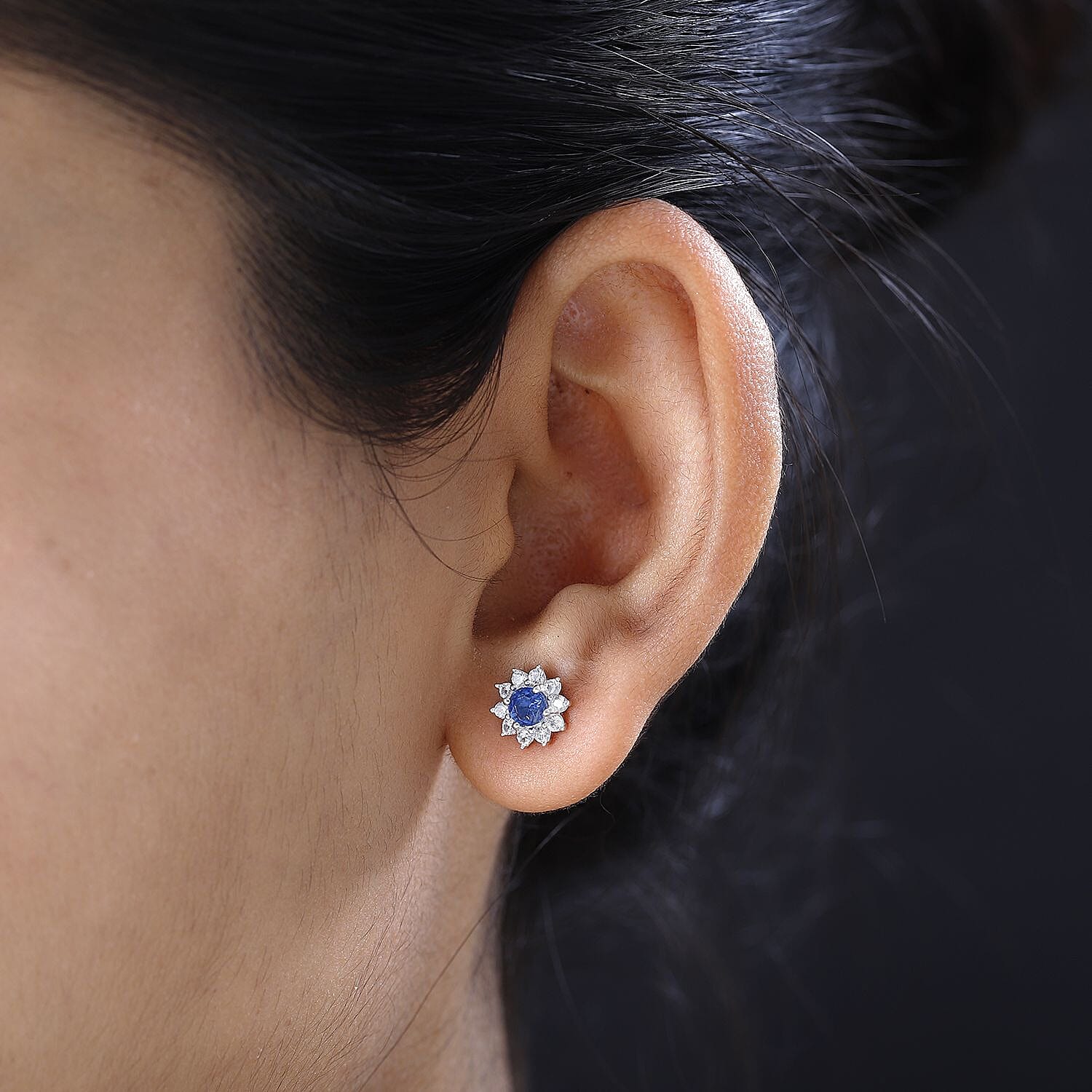 Kyanite and Natural Zircon Stud Floral Earrings in Sterling Silver 1.27 Ct.