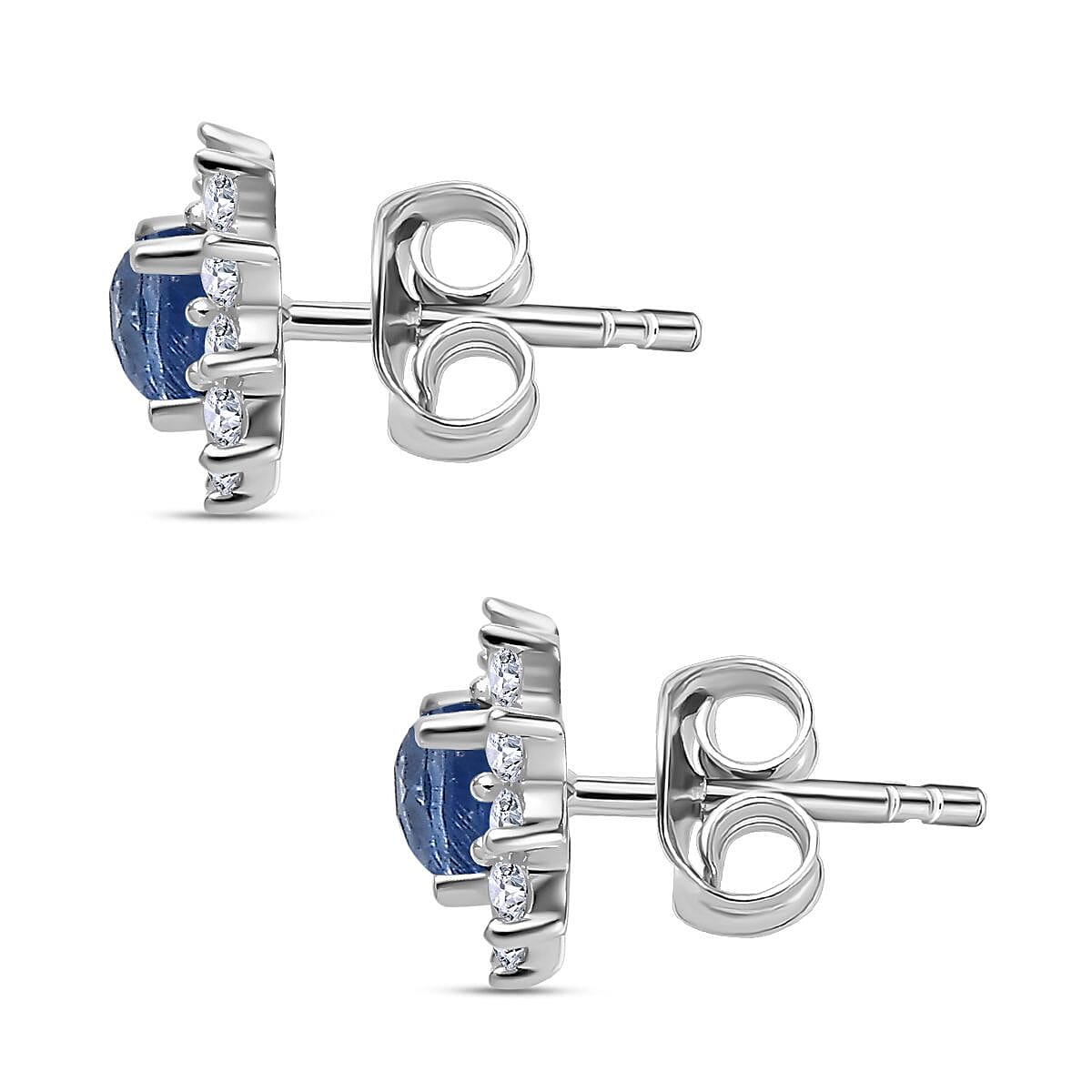 Kyanite and Natural Zircon Stud Floral Earrings in Sterling Silver 1.27 Ct.