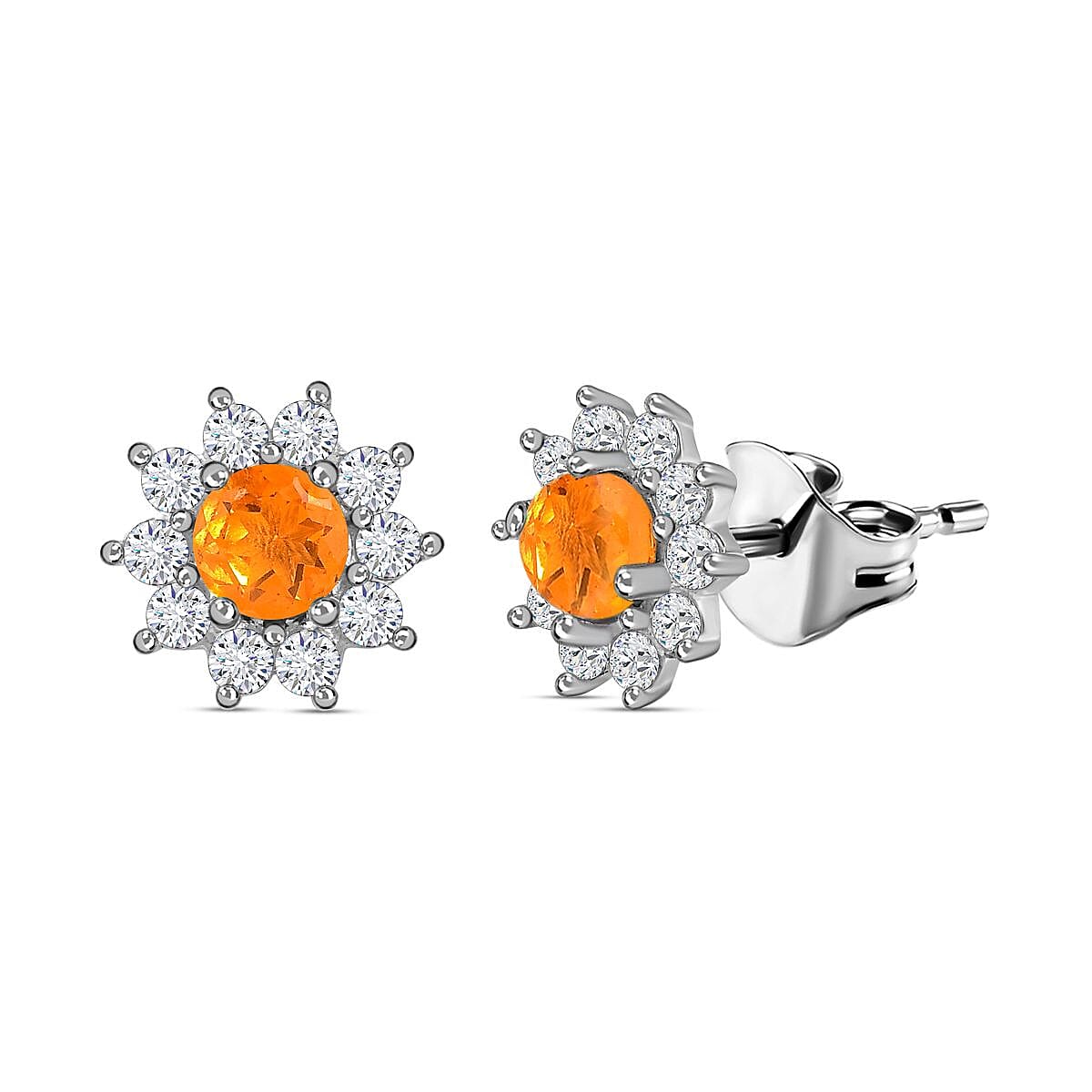 Jalisco Fire Opal and Natural Zircon Stud Floral Earrings in Sterling Silver