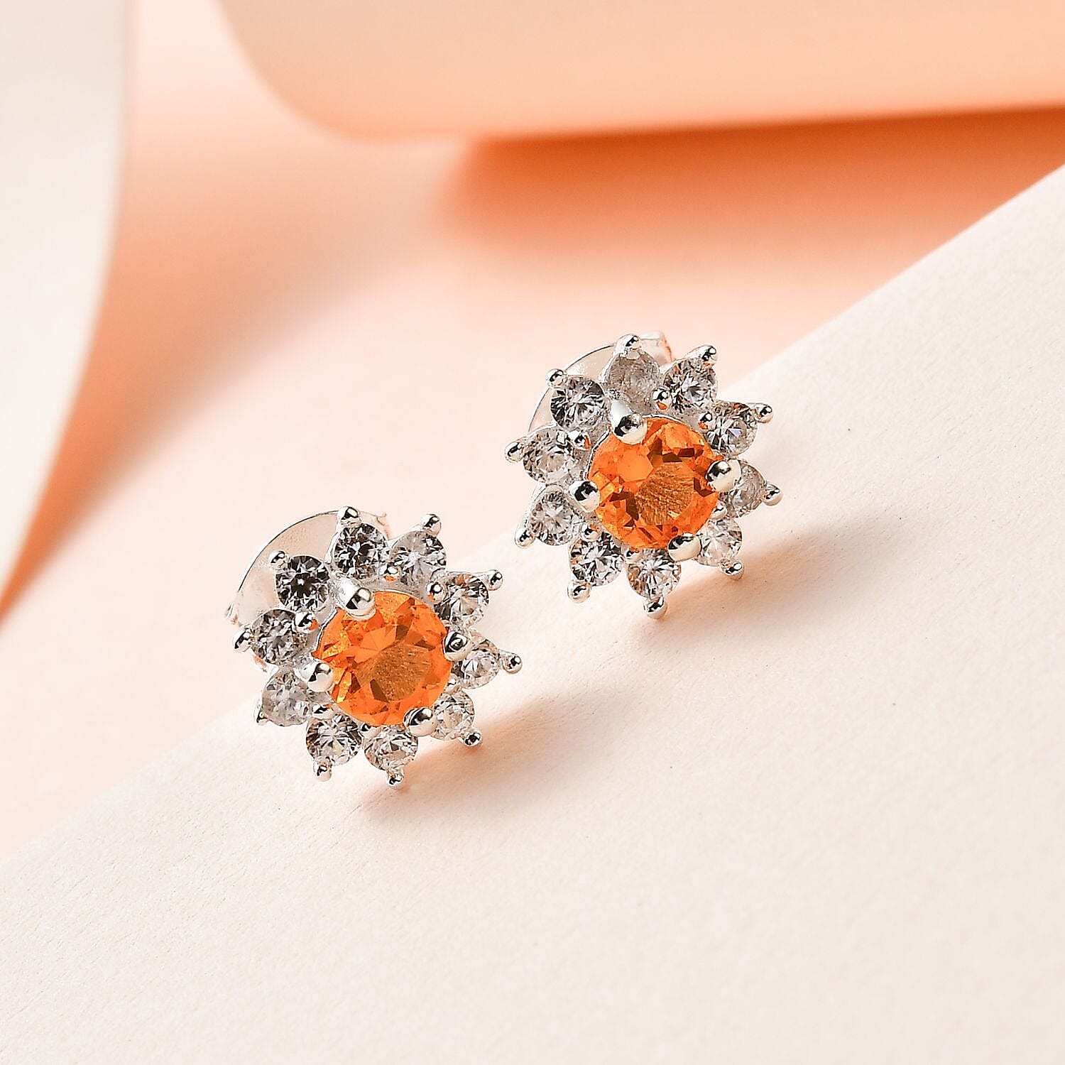 Jalisco Fire Opal and Natural Zircon Stud Floral Earrings in Sterling Silver