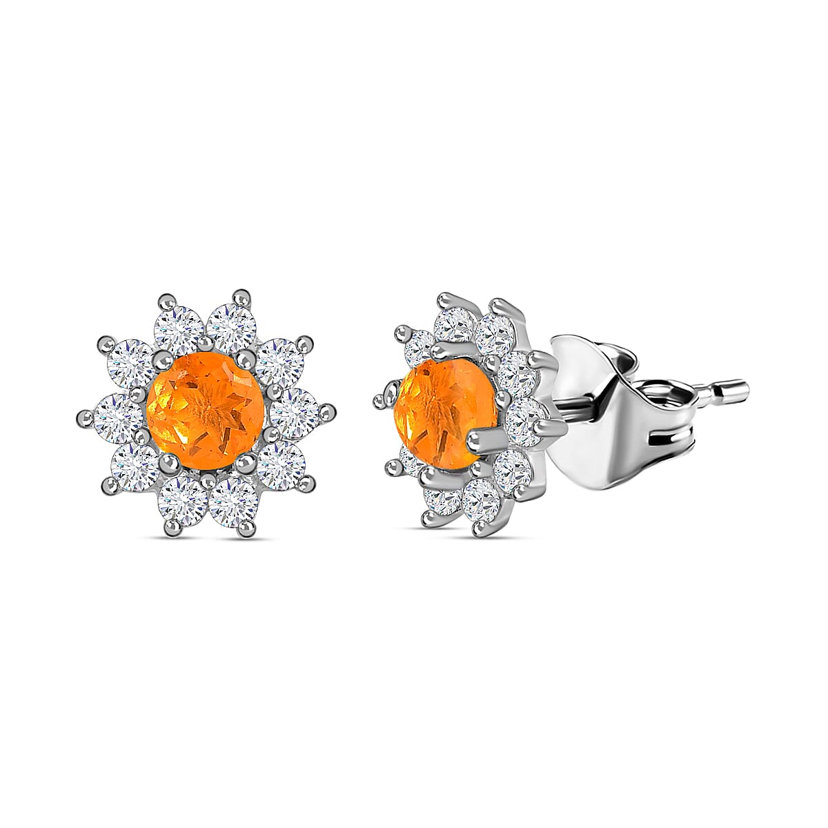 Jalisco Fire Opal and Natural Zircon Stud Floral Earrings in Sterling Silver