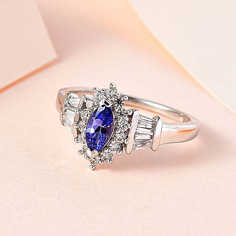 Tanzanite and Natural Zircon Ring in Platinum Overlay Sterling Silver