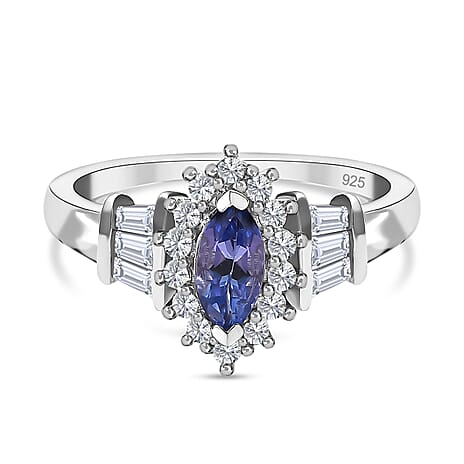 D'Joy Tanzanite & Natural Zircon Ring in Platinum Overlay Sterling Silver 1.02 Ct.