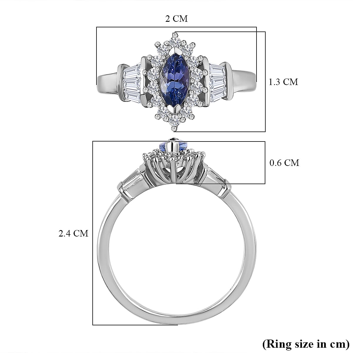 D'Joy Tanzanite & Natural Zircon Ring in Platinum Overlay Sterling Silver 1.02 Ct.