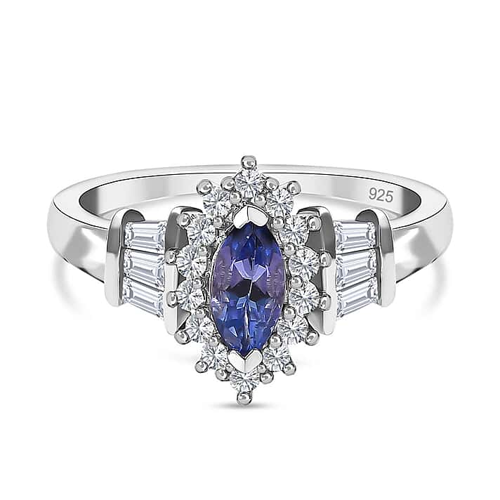 Tanzanite and Natural Zircon Halo Ring in Platinum Overlay Sterling Silver
