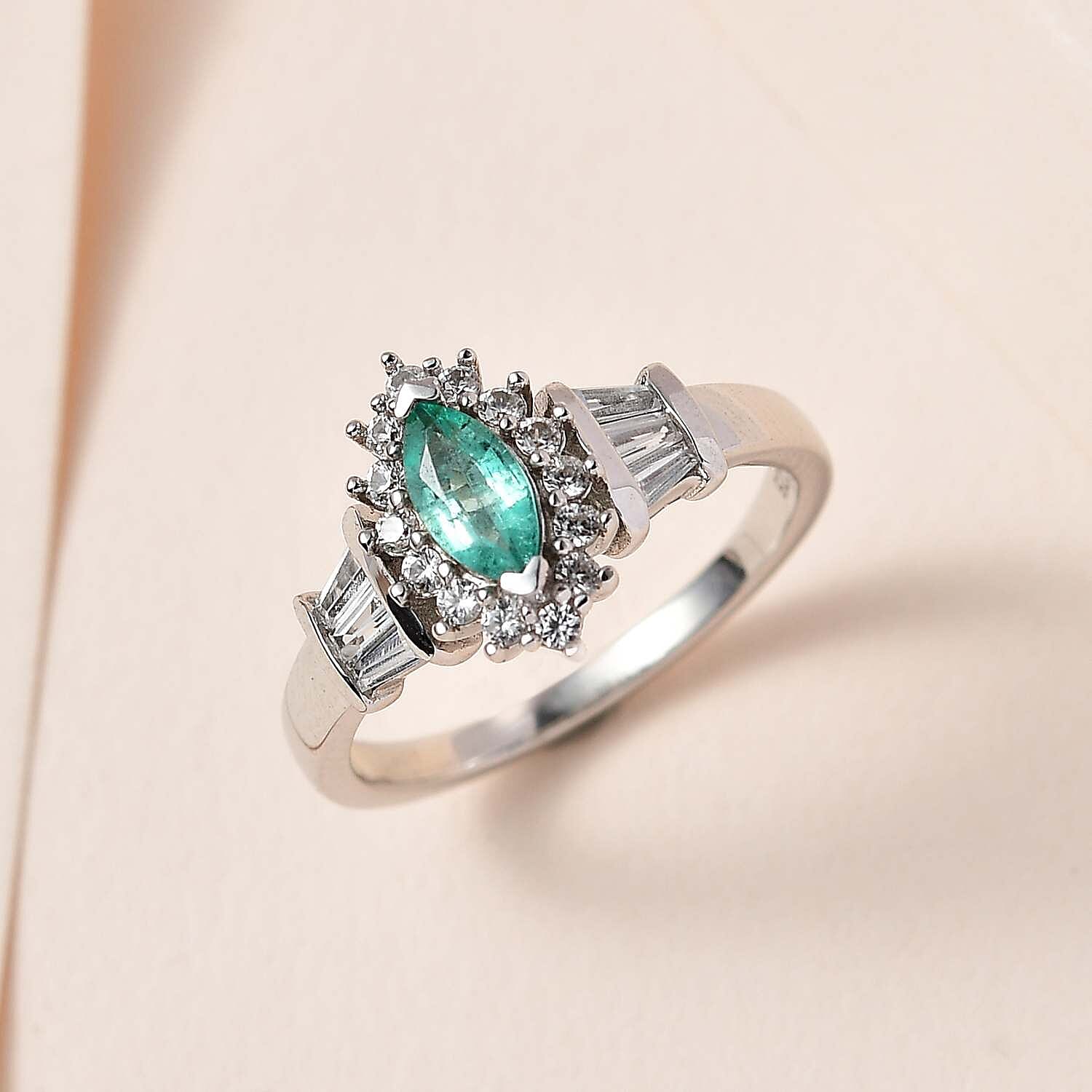 AAA Gemfields Emerald and Natural Zircon Ring in Platinum Overlay Sterling Silver 1.03 Ct