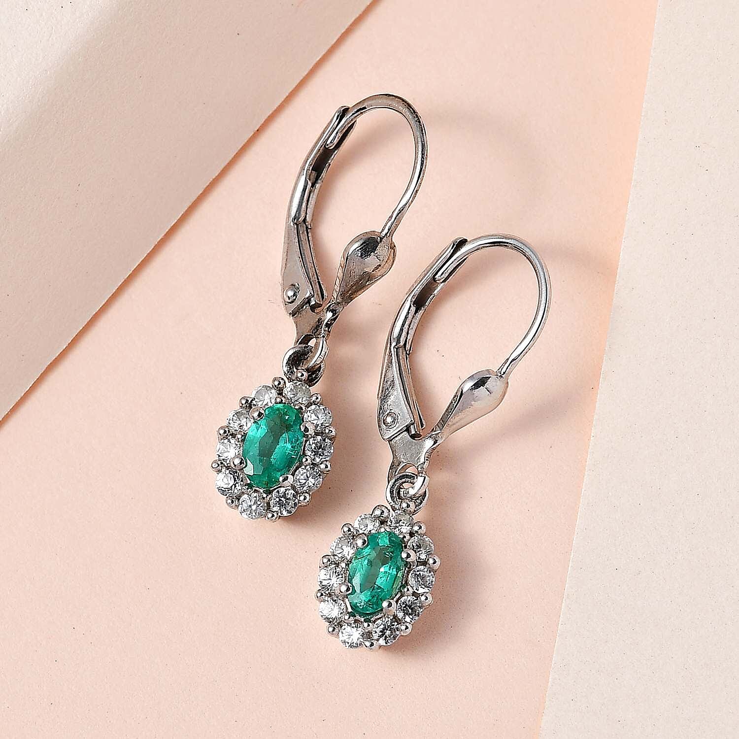 Emerald and Natural Zircon Earrings in Platinum Overlay Sterling Silver