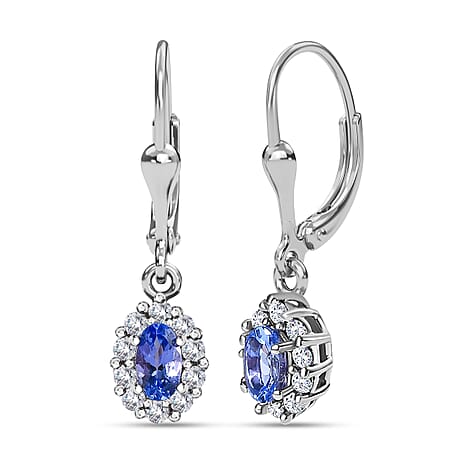 Tanzanite and Natural Zircon Drop Earrings With Lever Back in Platinum Overlay Sterling Silver 0.91 Ct.