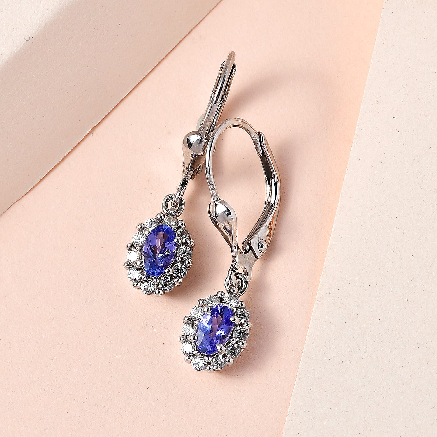 Tanzanite and Natural Zircon Drop Earrings With Lever Back in Platinum Overlay Sterling Silver 0.91 Ct.