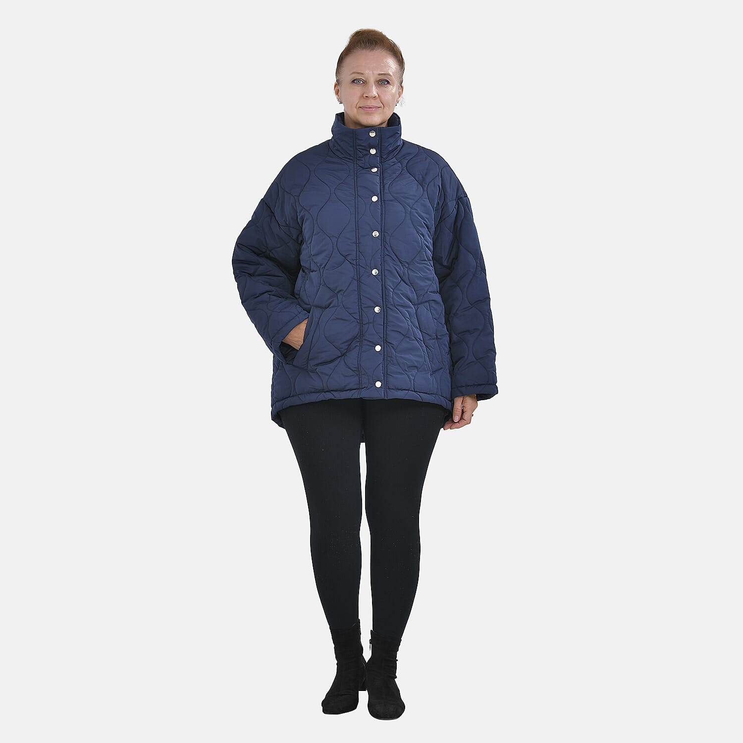 Tamsy Long Sleeve Quilted Warm Coat with Two Exterior Pockets (Size M 12-14) - Navy